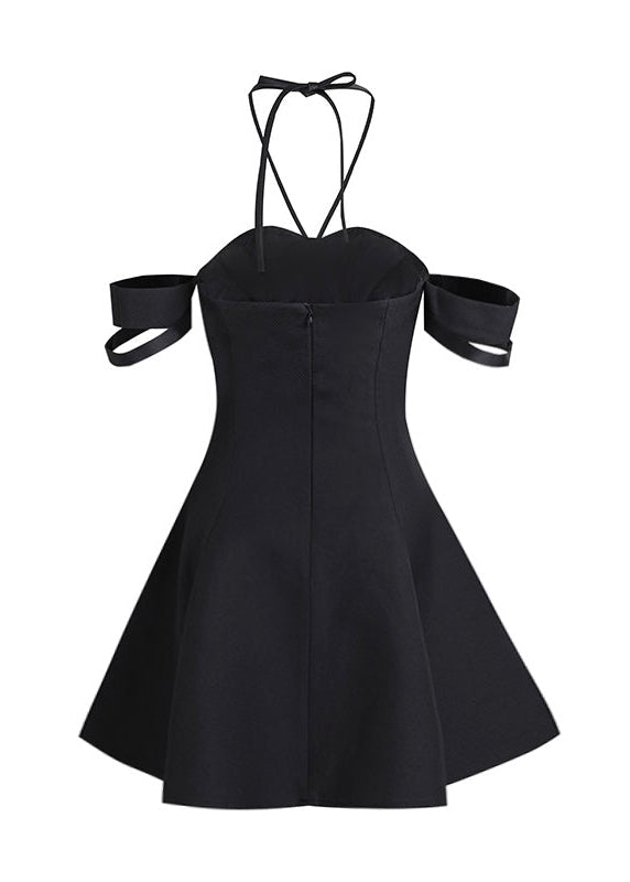 Nero Ritratto Off-Shoulder Dress in black with A-line silhouette and double off-shoulder straps, ideal for elegant evening wear.