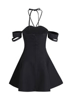 Nero Ritratto Off-Shoulder Dress in black with A-line silhouette and double off-shoulder straps, ideal for elegant evening wear.