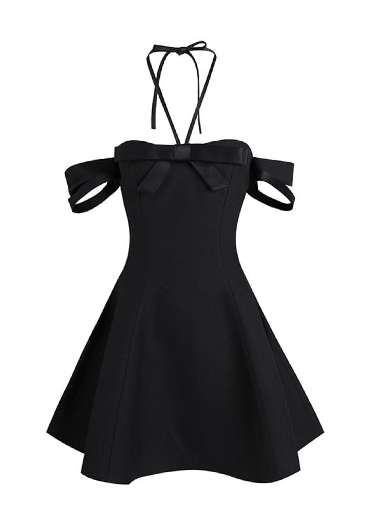 Nero Ritratto Off-Shoulder Dress in black with A-line silhouette, double off-shoulder straps, and halter neckline for elegant styling.